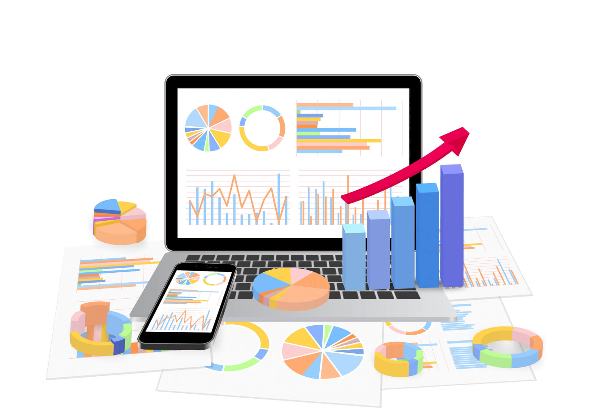 ピープルマネジメントによる組織パフォーマンス向上をイメージした、ラップトップ・スマホ・伸びる棒グラフの3Dイラスト