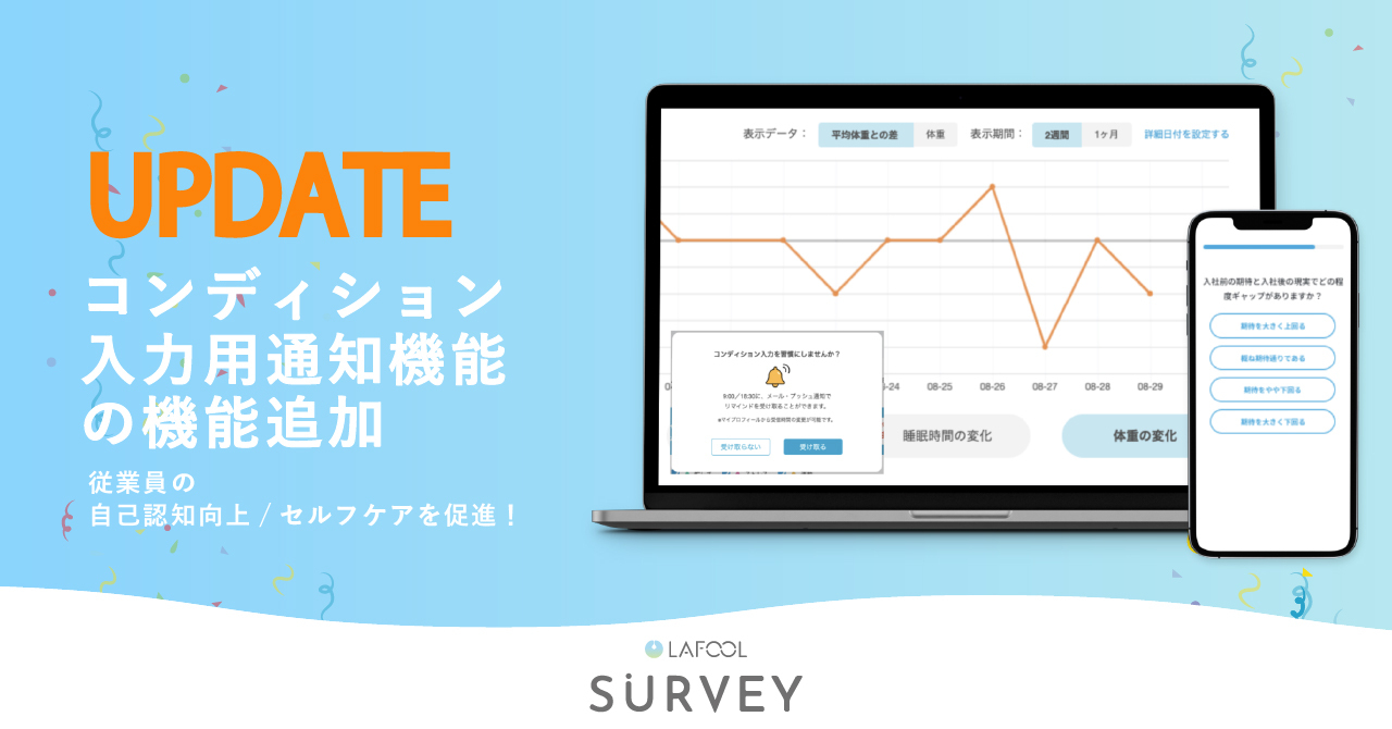 ラフールサーベイ マイページの コンディション入力用通知機能 の機能追加をはじめとしたリニューアルを実施 ラフールサーベイ